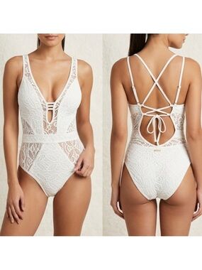 Becca Swim Beachwear Luxury White Lace One-Piece Swimsuit with Strappy Back.